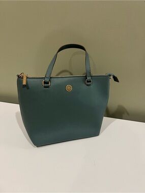 Anne Klein Teal Structured Saffiano Shoulder Tote with Gold Accent
